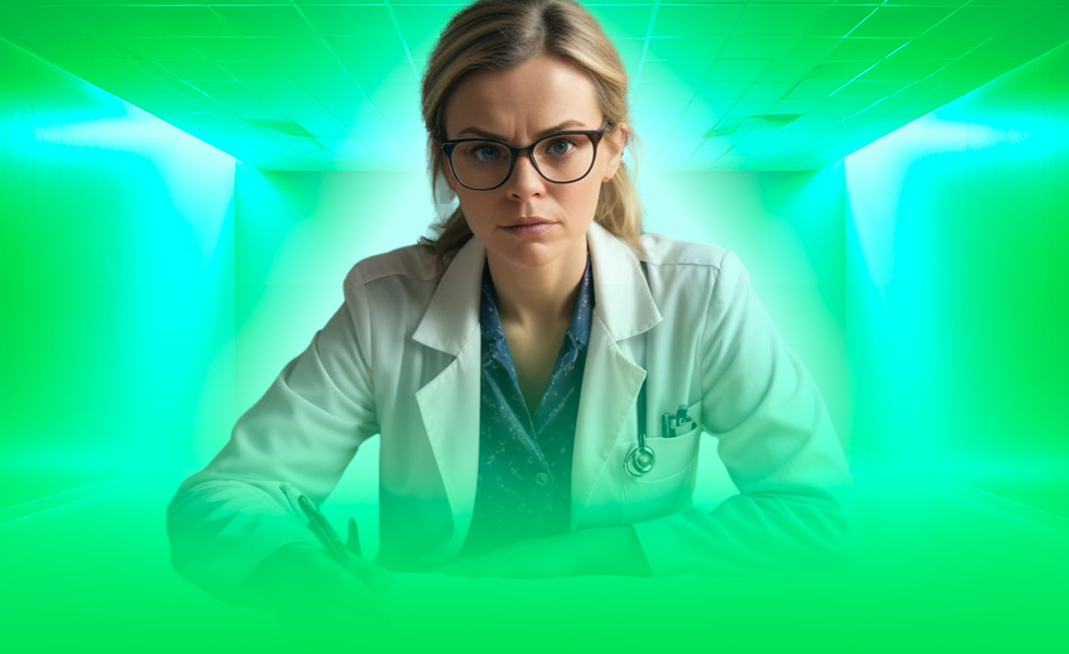 Vrouw met bril en doktersjas
