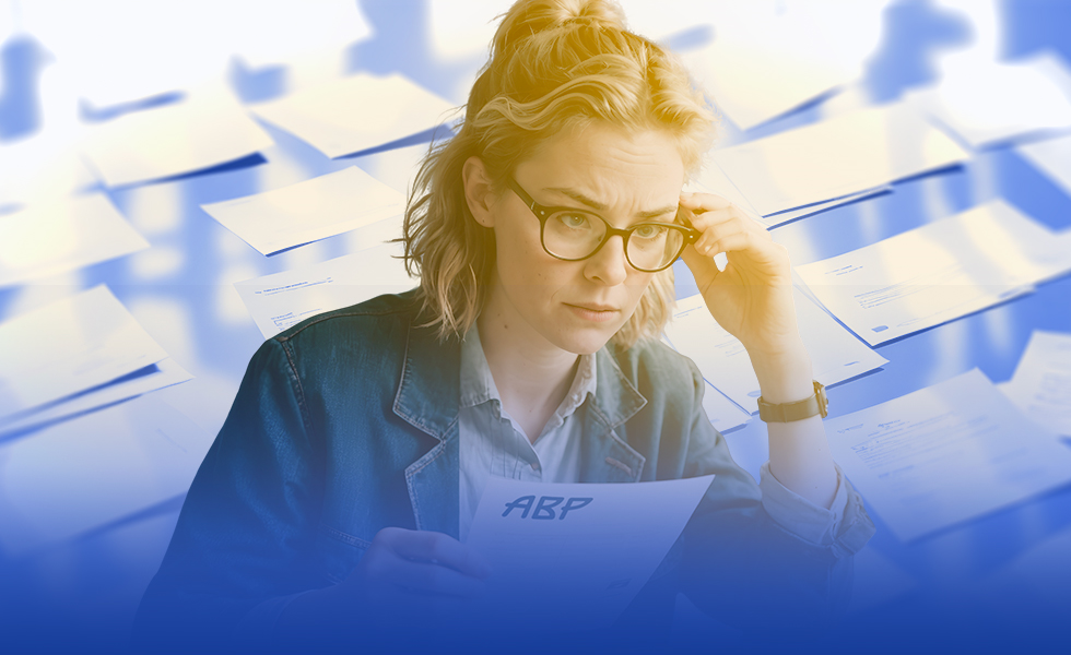 Jonge vrouw leest brief over haar pensioen.
