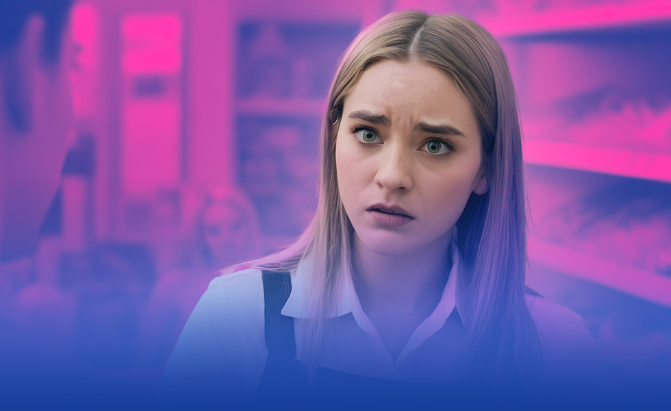 Jonge medewerker kijkt bezorgd naar lastige klant.