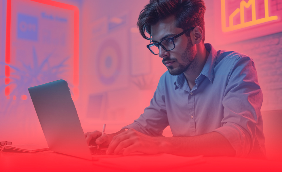 man werkend achter laptop