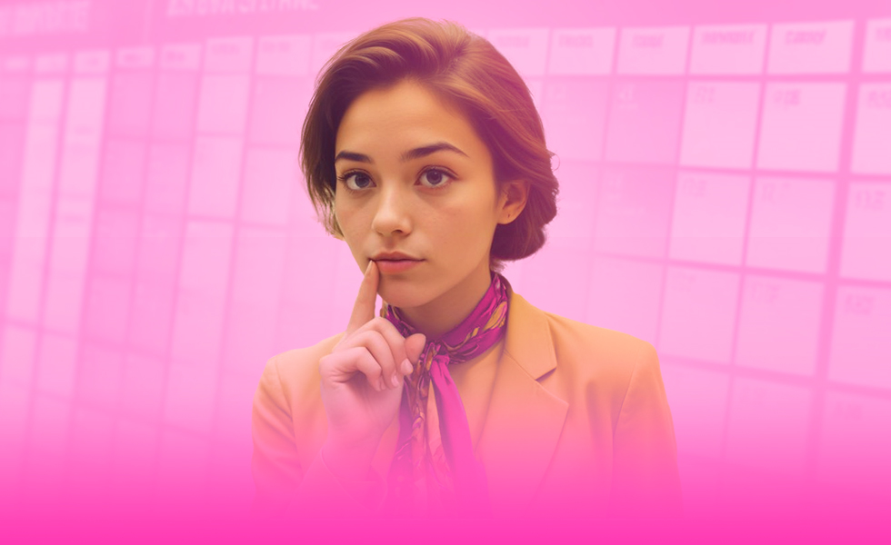 vrouw kijkt bedenkend met rooster op achtergrond