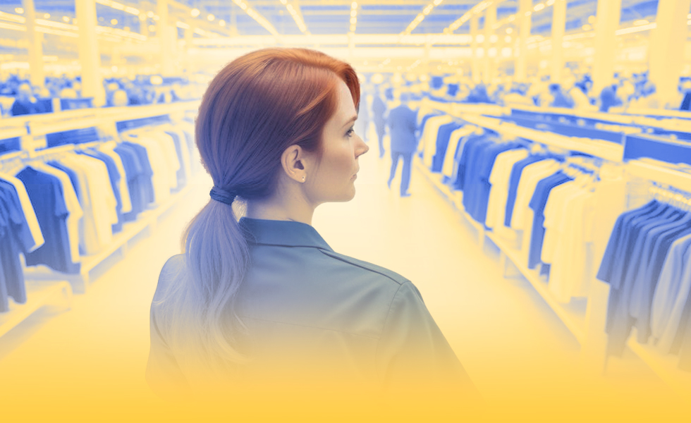 vrouw in kledingwinkel kijkt naar rechts